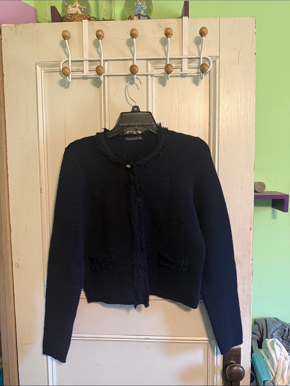 Karen Scott Navy Fringe-Trim Ribbed Cardigan